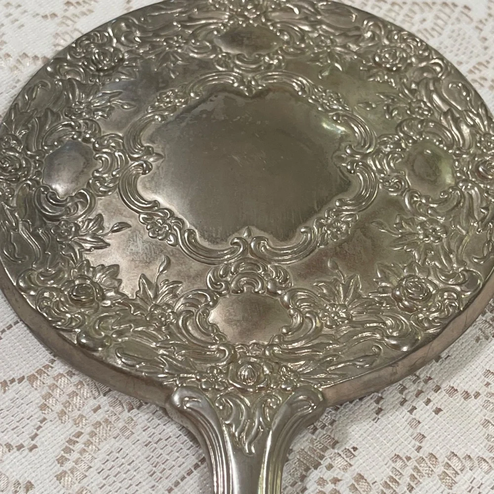 Vintage Victorian Vanity Mirror Silver Tone Handheld Mirror Art Deco
